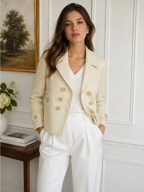 Nanette Lepore Cream Double Breasted Cropped Jacket Peacoat Style Blazer Size 0